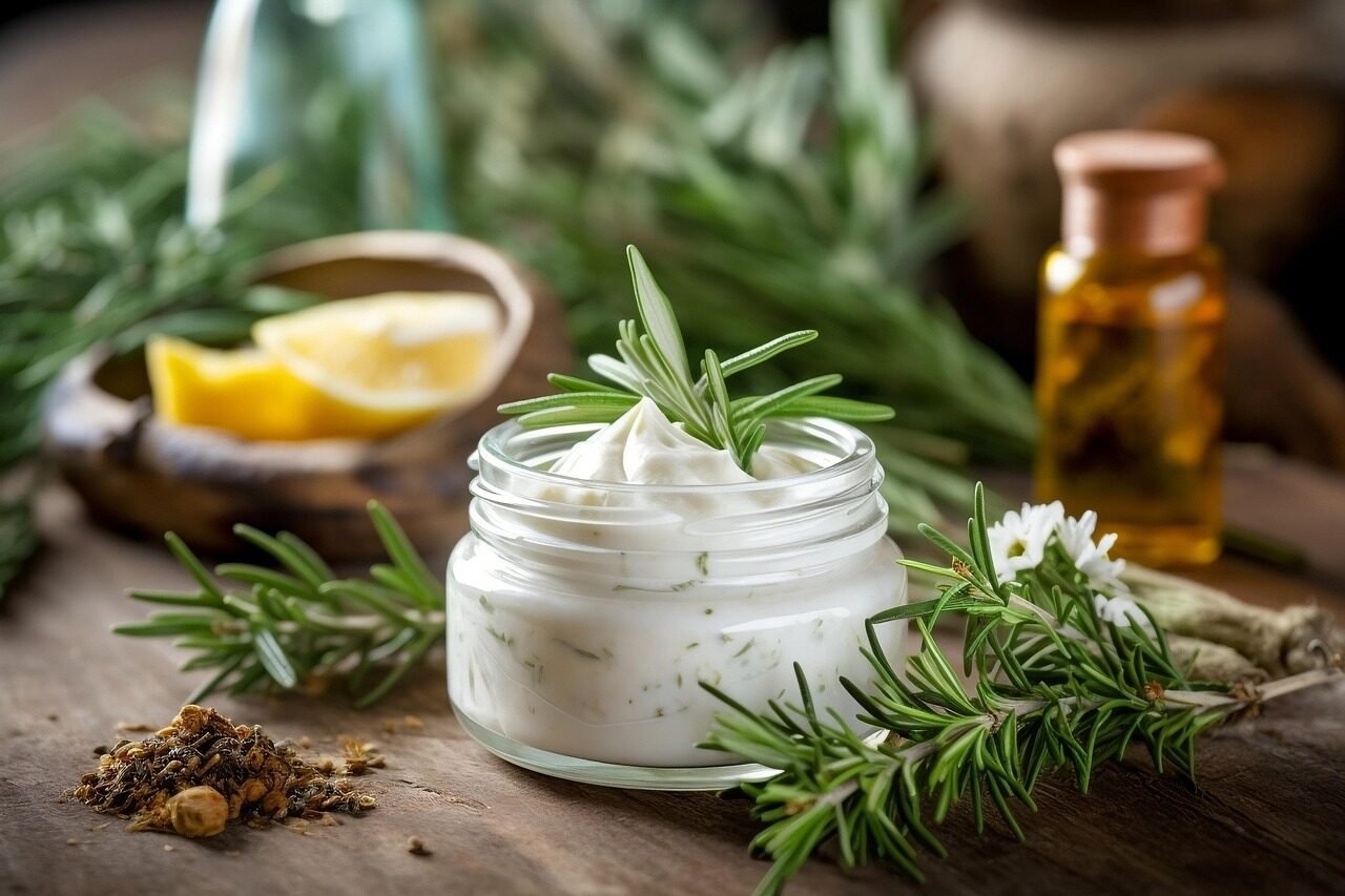 ai generated, cream, herb, spa, nature, healthy, green, herbal, fresh, leaves, rosemary, oil, closeup, flower, milk, facial, skincare